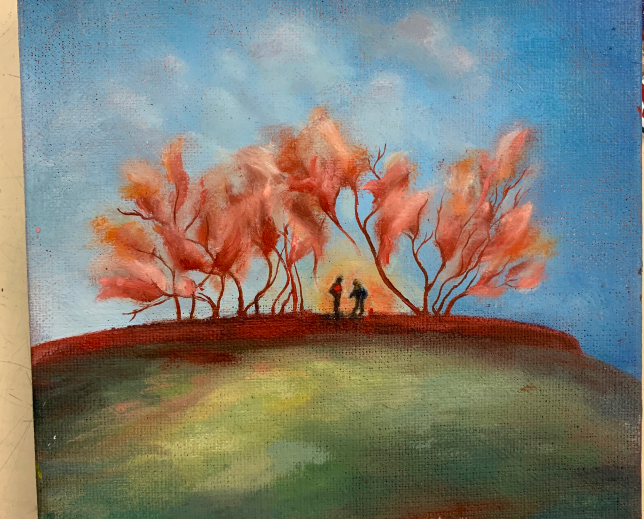 painting of green hill with two tiny people on top and soft clouds in the back