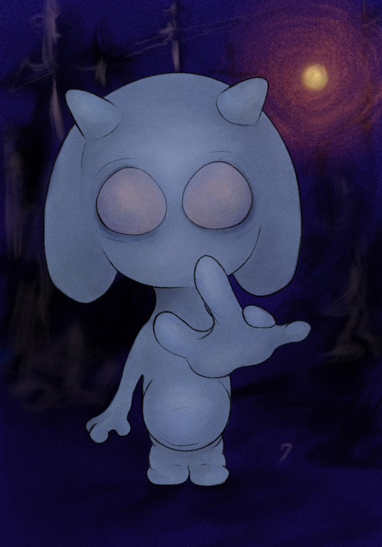 digital artwork of blue creature reaching out in night glow setting