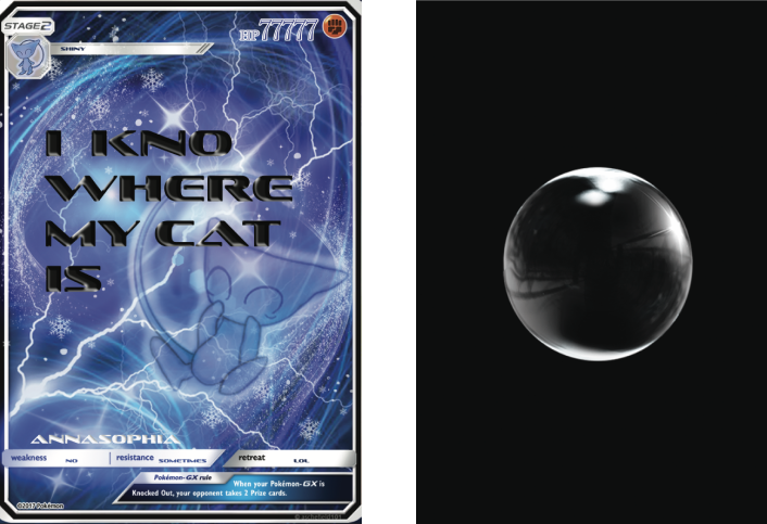 trading card that says I KNOW WHERE MY CAT IS and is blue and splakly in pokemon style