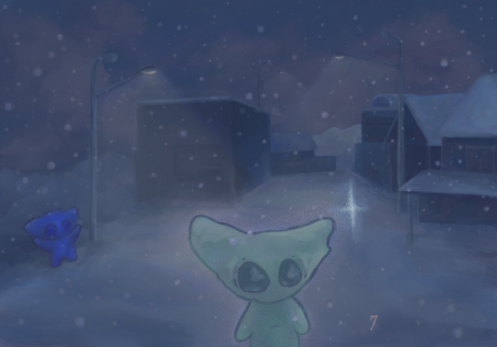 digital artwork of two creatures enjoying snowfall at night in peaceful town