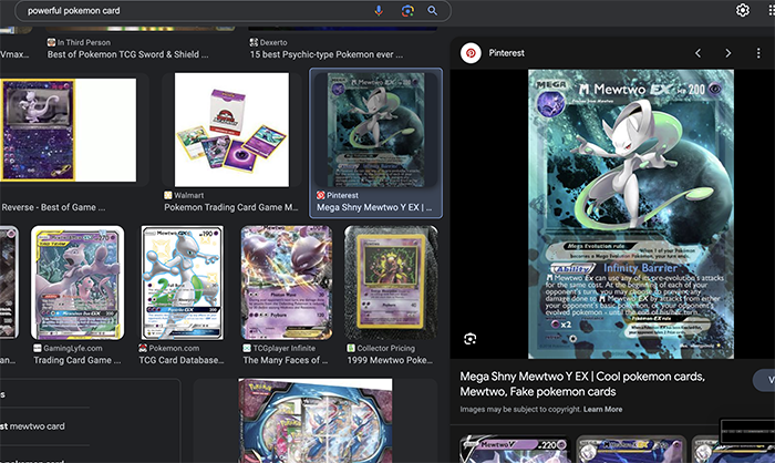 screenshot of google image search for powerful pokemon cards